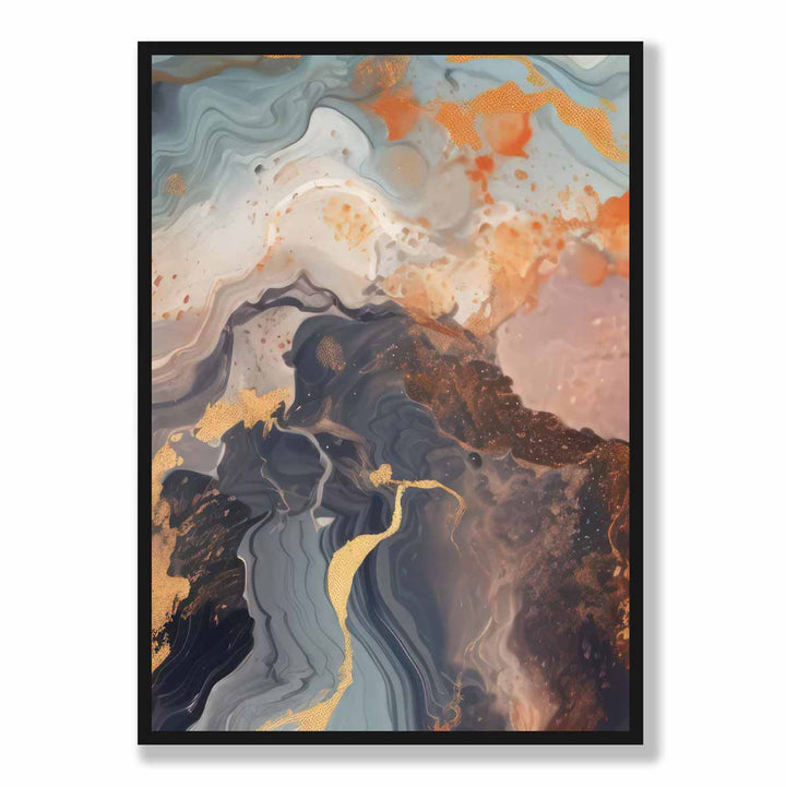 Abstrakt maleri, flytende kunsttrykk, oransje, grått og gull nr. 4