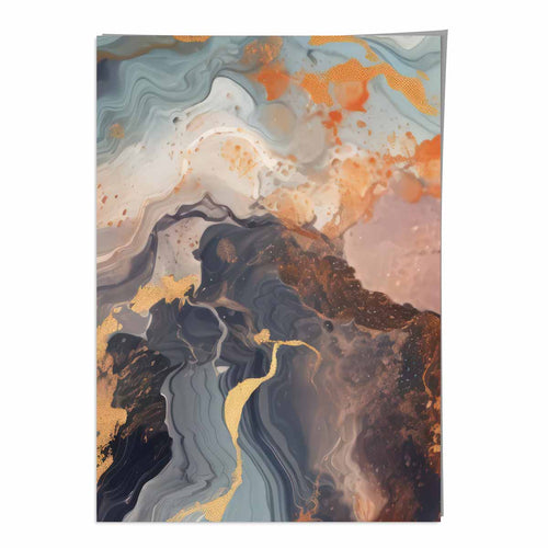 Abstrakt maleri, flytende kunsttrykk, oransje, grått og gull nr. 4
