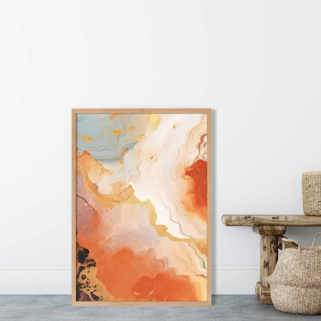 Abstrakt maleri, flytende kunsttrykk, oransje, grått og gull nr. 5