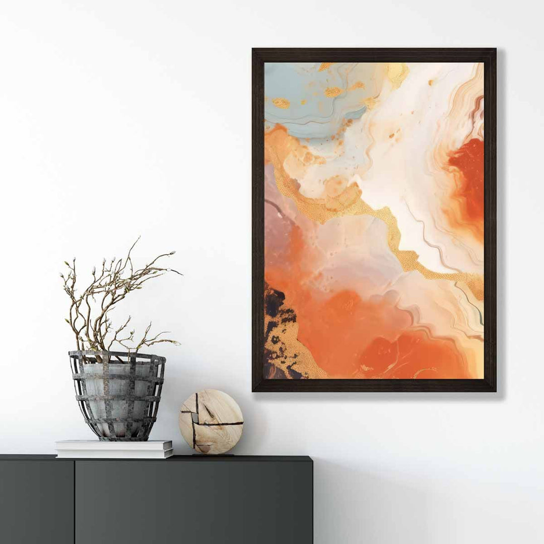 Abstrakt maleri, flytende kunsttrykk, oransje, grått og gull nr. 5