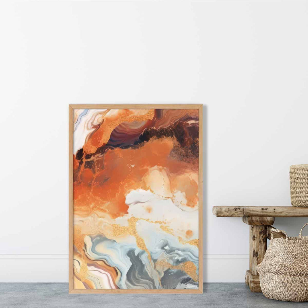 Abstrakt maleri, flytende kunsttrykk, oransje, grått og gull nr. 6