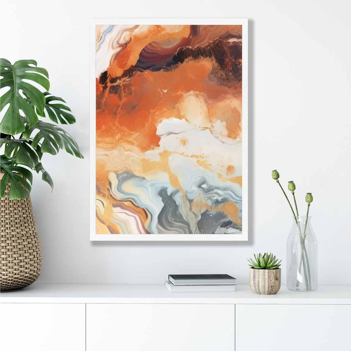 Abstrakt maleri, flytende kunsttrykk, oransje, grått og gull nr. 6