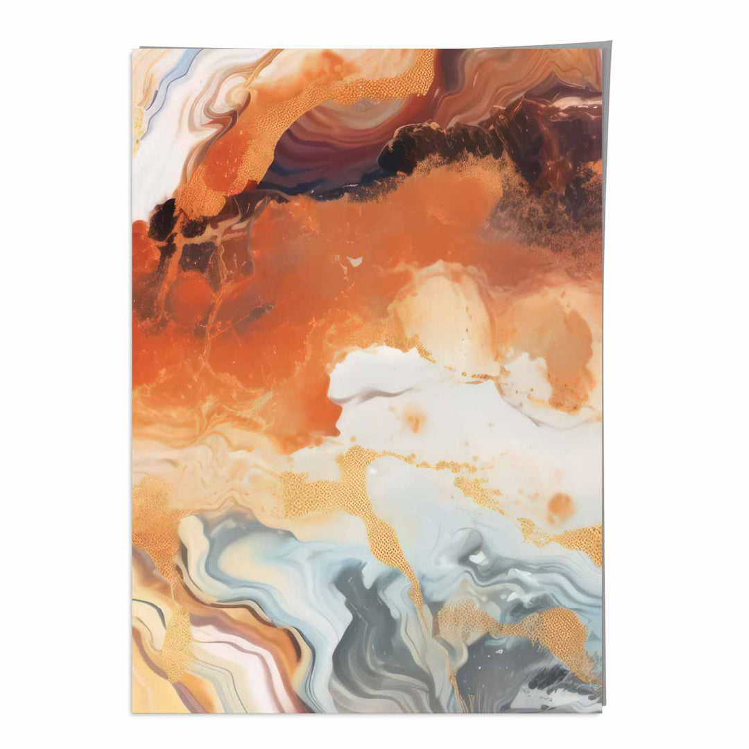 Abstrakt maleri, flytende kunsttrykk, oransje, grått og gull nr. 6