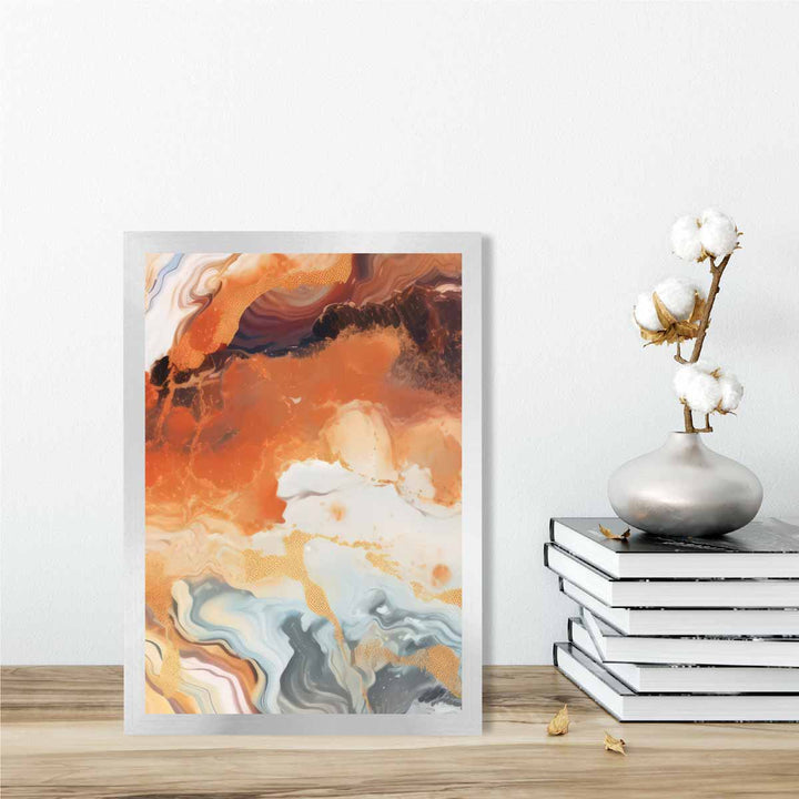 Abstrakt maleri, flytende kunsttrykk, oransje, grått og gull nr. 6