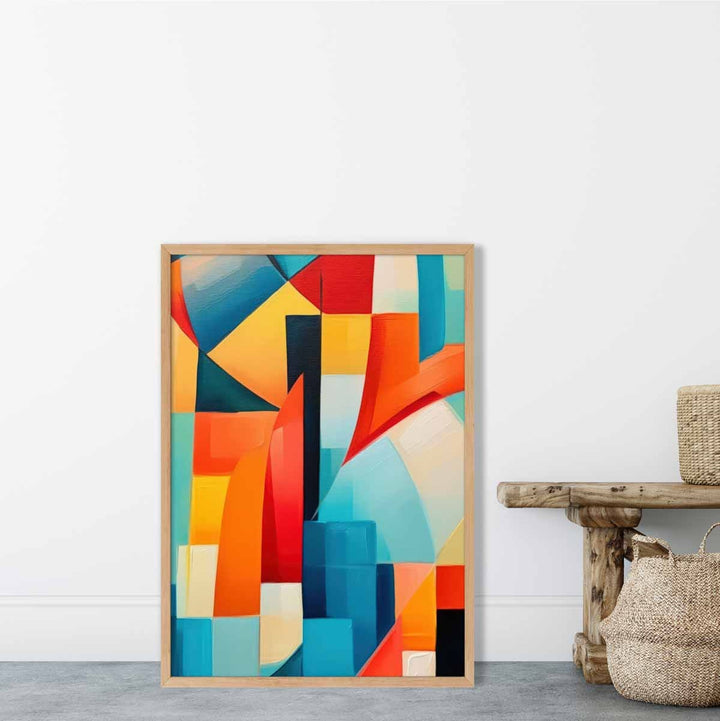 Abstrakt maleri, fargede former, kunsttrykk, blå, rød og gul nr. 2