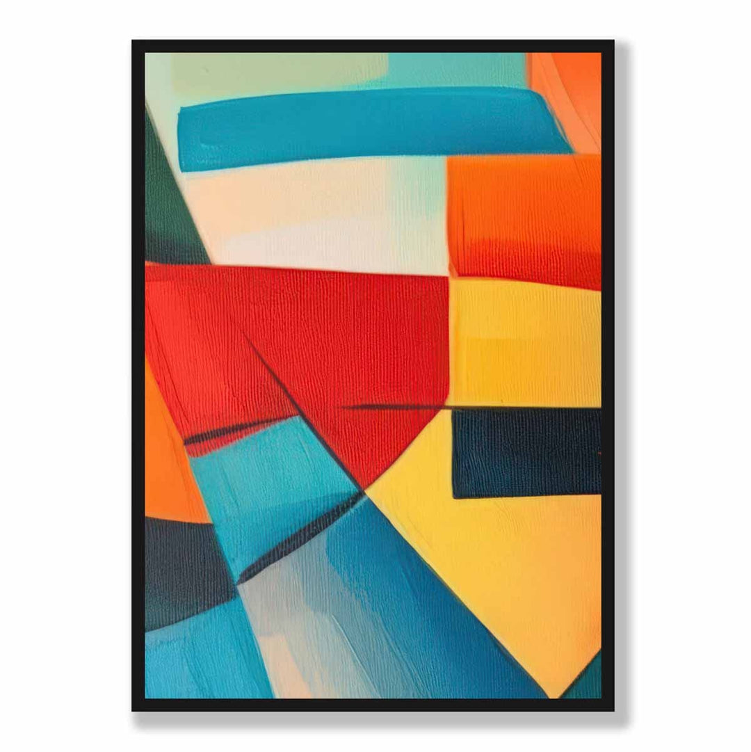 Abstrakt maleri, fargede former, kunsttrykk, blå, rød og gul nr. 4