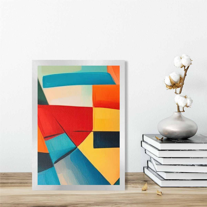 Abstrakt maleri, fargede former, kunsttrykk, blå, rød og gul nr. 4