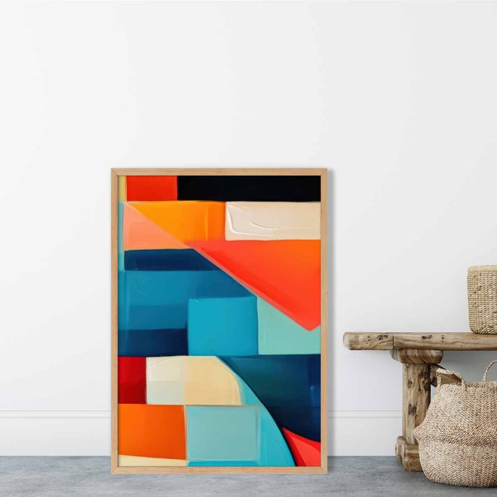 Abstrakt maleri, kunsttrykk med fargerike former, blå, rød og oransje nr. 3
