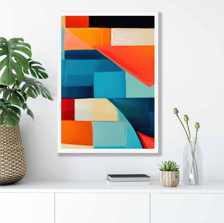 Abstrakt maleri, kunsttrykk med fargerike former, blå, rød og oransje nr. 3