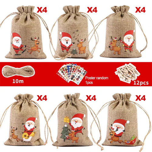 Skanto | HollyTime Adventskalender Set – 24 gjenbrukbare gaveposer med klistremerker, clips & snor