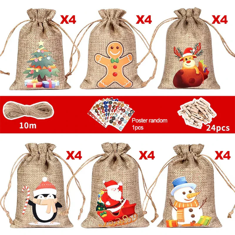Skanto | HollyTime Adventskalender Set – 24 gjenbrukbare gaveposer med klistremerker, clips & snor