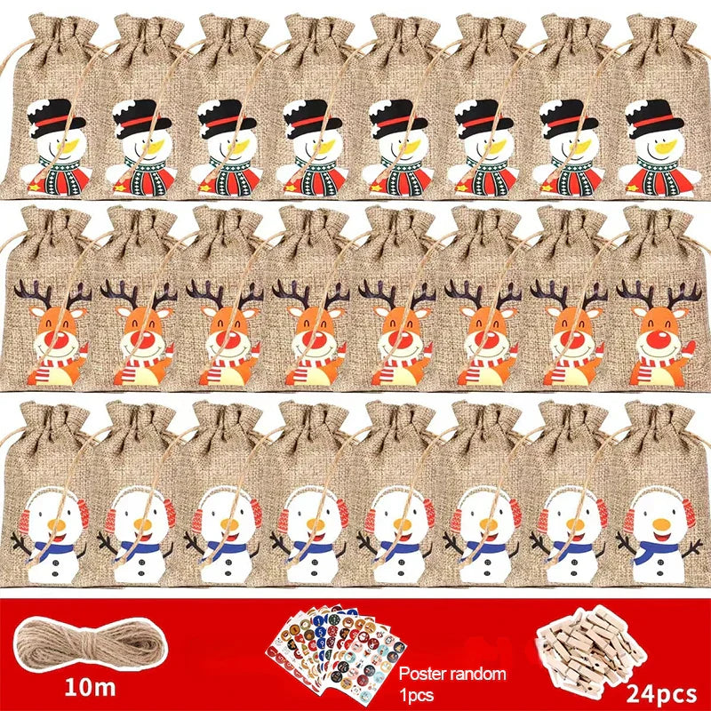 Skanto | HollyTime Adventskalender Set – 24 gjenbrukbare gaveposer med klistremerker, clips & snor