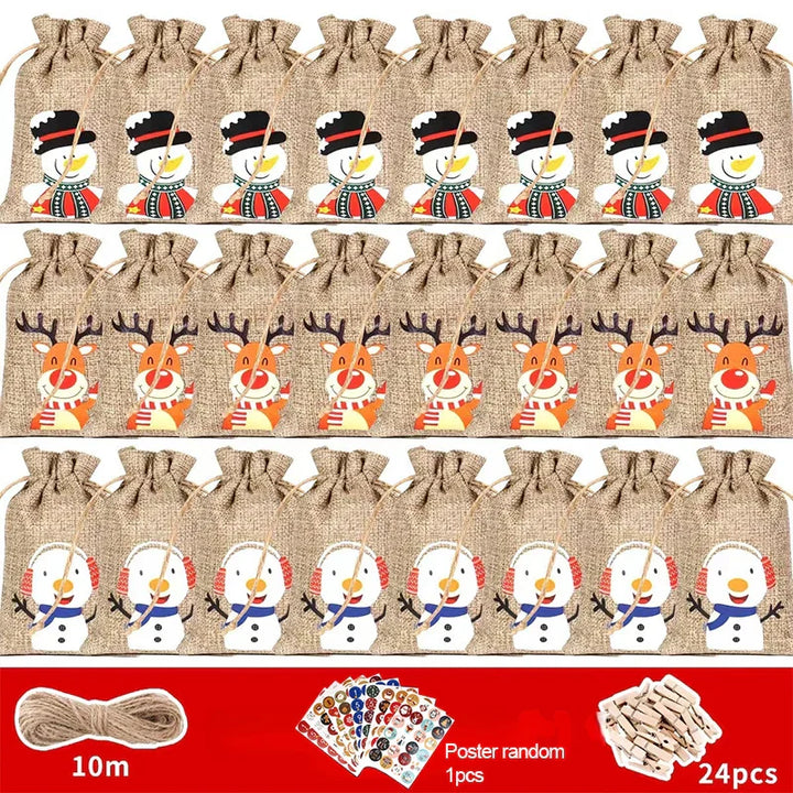 Skanto | HollyTime Adventskalender Set – 24 gjenbrukbare gaveposer med klistremerker, clips & snor