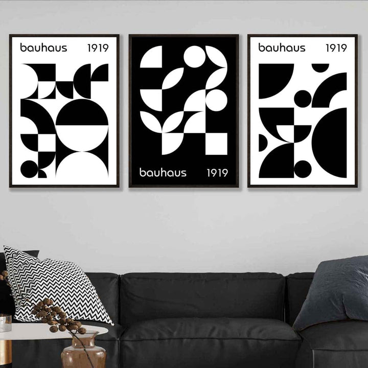 Grafisk, svart-hvitt, geometrisk veggkunst i Bauhaus-stil, sett med 3