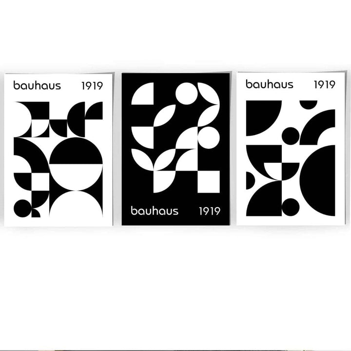 Grafisk, svart-hvitt, geometrisk veggkunst i Bauhaus-stil, sett med 3