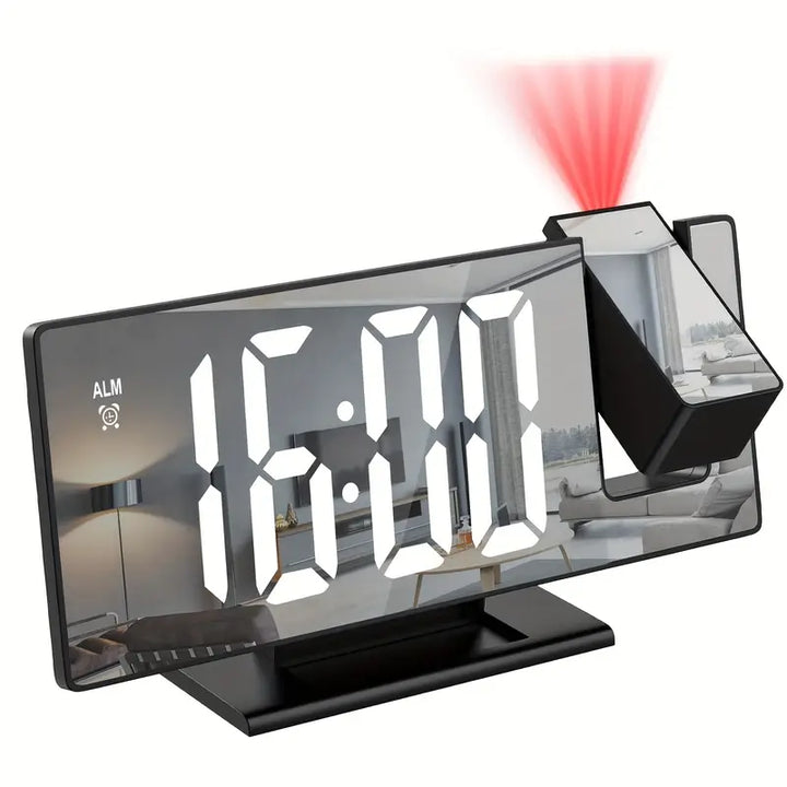 Skanto | 180° Justerbar LED prosjektionsvekkerklokke – Snus, 12/24H Tid & Temperaturvisning, Speildesign – USB-drevet, Nattmodus & Minnefunksjon