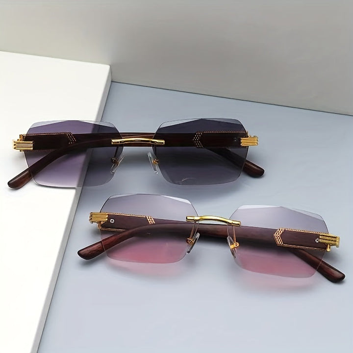 Rimless solbriller med rektangulære linser og faux tre templer – Verro | Skanto