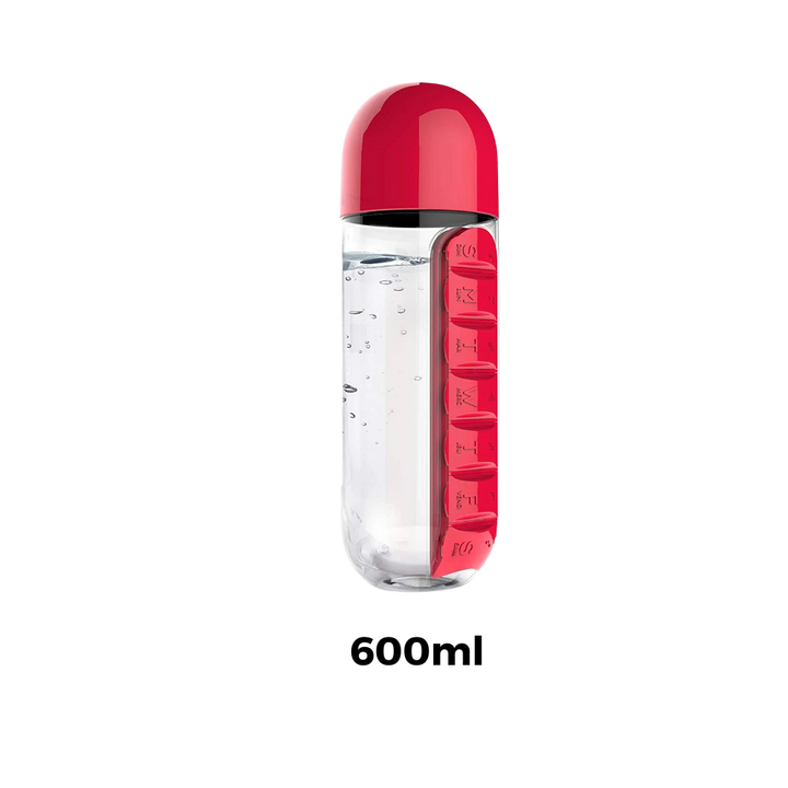 Vannflaske i plast med pilleboks