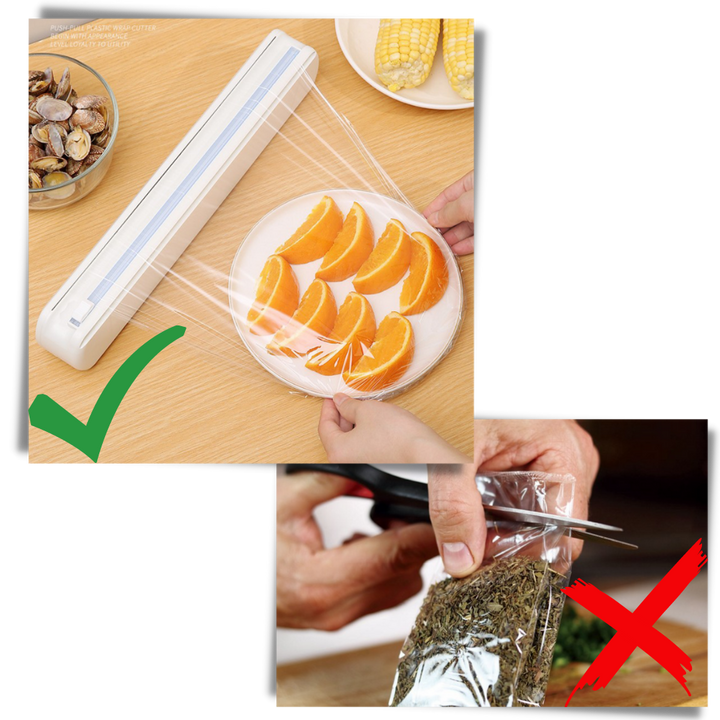 Dispenser og kutter for plastfolie