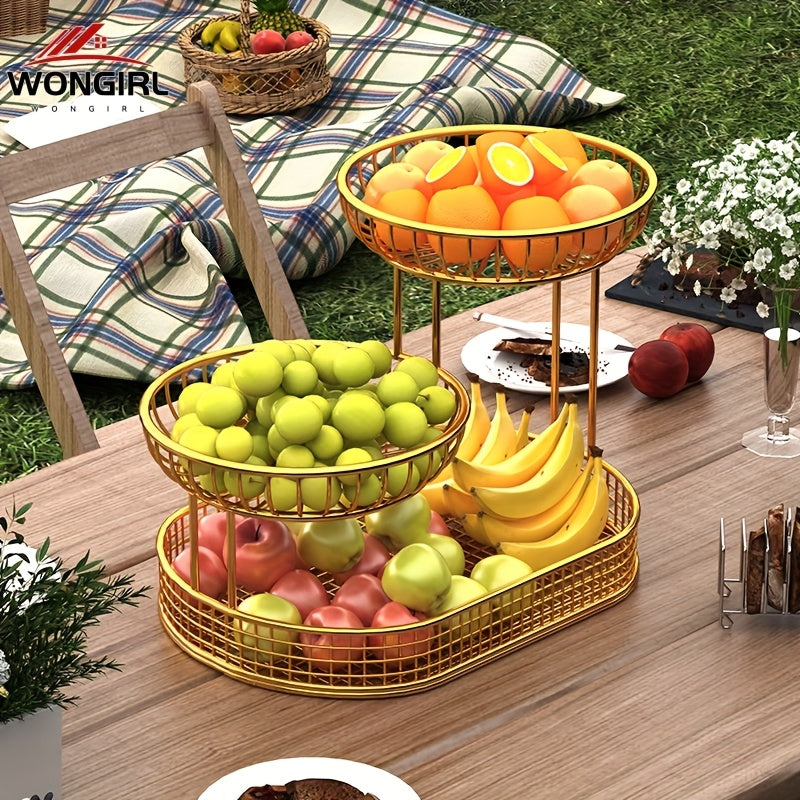 Skanto | Elegant Multi-Tier Metal Fruit Basket - Golden Wire Oval Design | Perfect for Snacks, Cakes & Desserts | Ideal for Easter, Thanksgiving, Christmas Utendørsfeiringer, Utendørs Spise Tilbehør|Multitier Design|Robust Struktur, Frukt Dekor