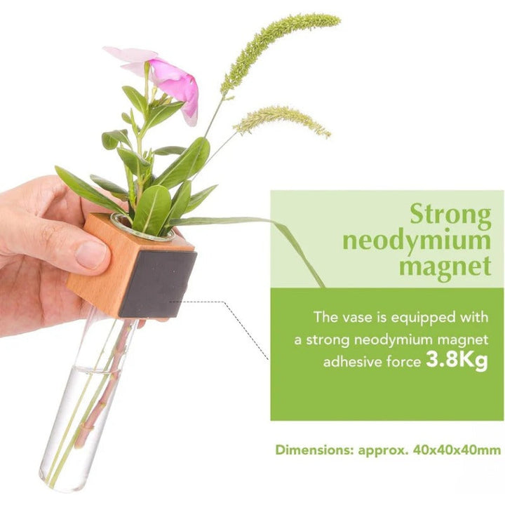 Skanto | Magnetisk Mini Vase – Tre & Glass Veggmontert Dekor for Blomster & Klipp