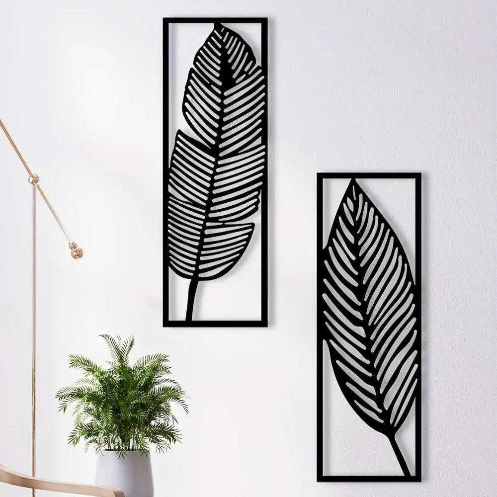 Set av 2 stk blad-siluetter metall veggkunst 3D skulpturert jernhåndverk blader fjær veggdekor for stue spisestue hage kreativ nordisk innredning | Skanto