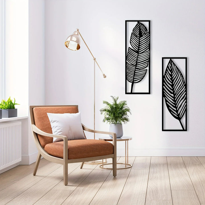 Set av 2 stk blad-siluetter metall veggkunst 3D skulpturert jernhåndverk blader fjær veggdekor for stue spisestue hage kreativ nordisk innredning | Skanto