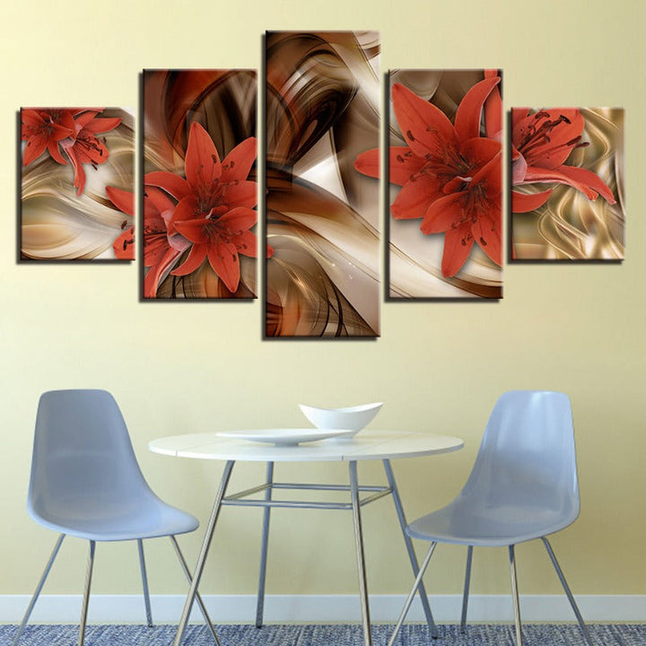 5-Piece Gold Background Red Flower - Canvas Wall Art Painting | Skanto