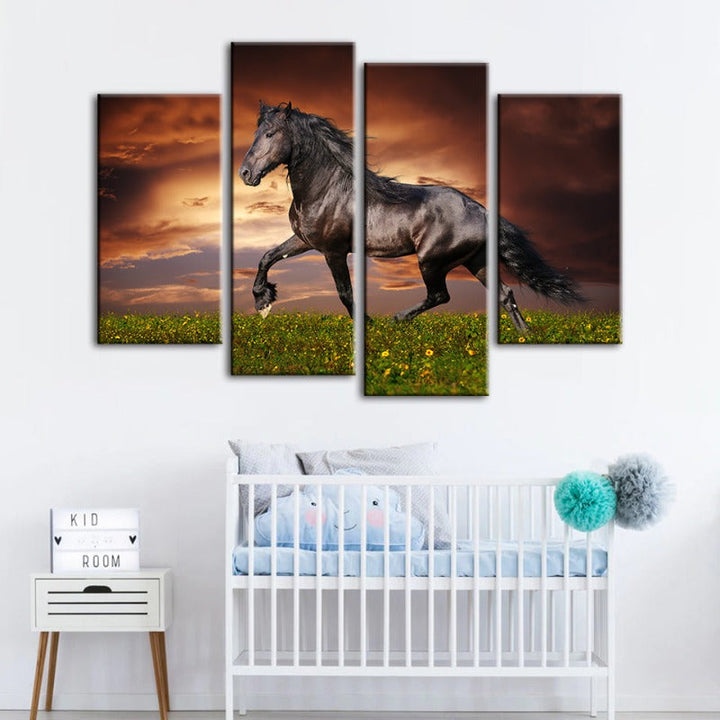 4 Piece Running Black Horse Canvas Wall Art Painting | Skanto