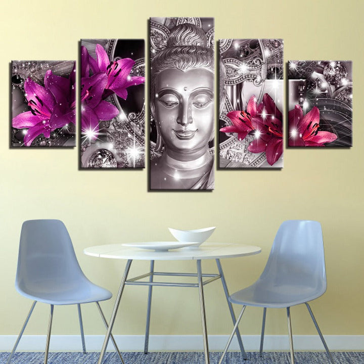 5-delte Buddha med lilla og rosa tulipaner - lerret veggkunst maleri | Skanto