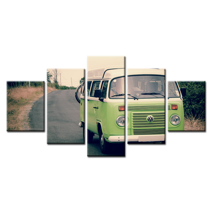 5-delt Lys grønn Vintage Buss Bil - lerret Veggkunst Maleri | Skanto