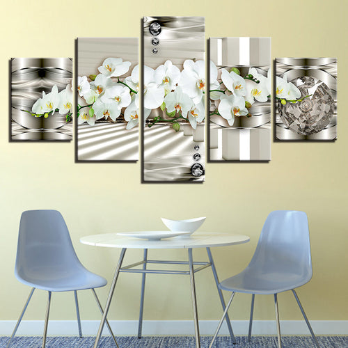 5 Pc White Metallic Background Flower - Canvas Wall Art Painting | Skanto