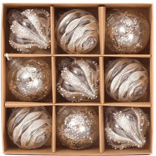 Skanto | GlossParty Jule Henge Dekorasjoner – Sett med 9 Plast Ornamenter med Snøfnugg og Ballong Design