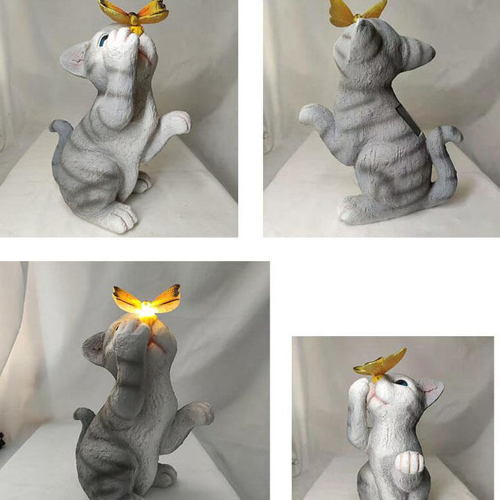 Skanto | SolarPurr Hagebelysning | LED Katt Figur med Sommerfugl | Soldrevet | Værbestandig | Utendørs Dekorasjon