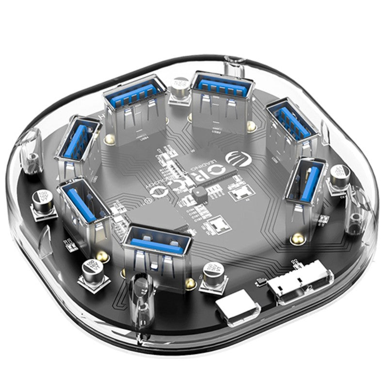 Skanto | 7-i-1 Transparent USB3.0 Hub med Strømtilkobling, for Kontor, Studie, Spill og Mer