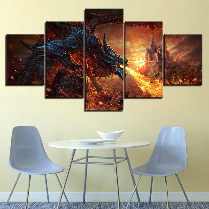 Dragon og slott - 5 deler lerret veggkunst maleri