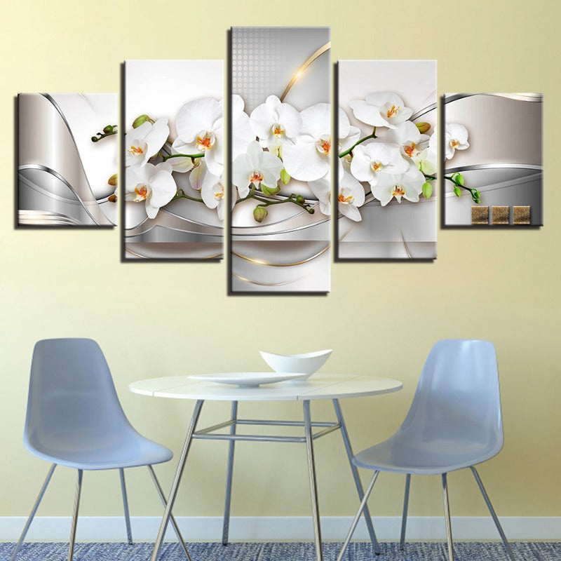 5-delt Golden Hue Hvit Blomster - Lerretsveggkunst Maleri | Skanto