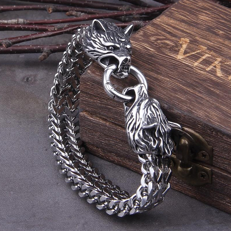 Skanto | Viking Rustfritt Stål Dobbel Ulvehode Fenris Armbånd