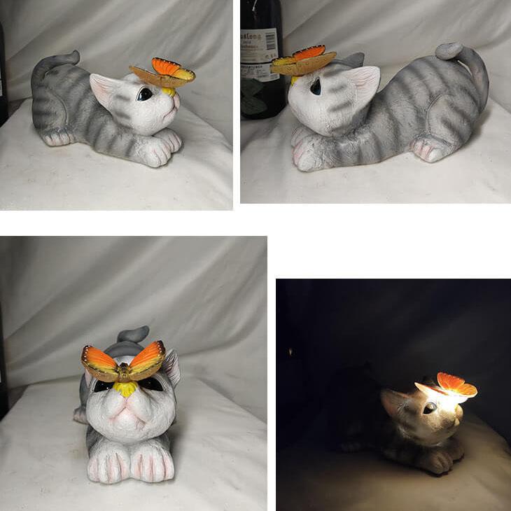 Skanto | SolarPurr Hagebelysning | LED Katt Figur med Sommerfugl | Soldrevet | Værbestandig | Utendørs Dekorasjon