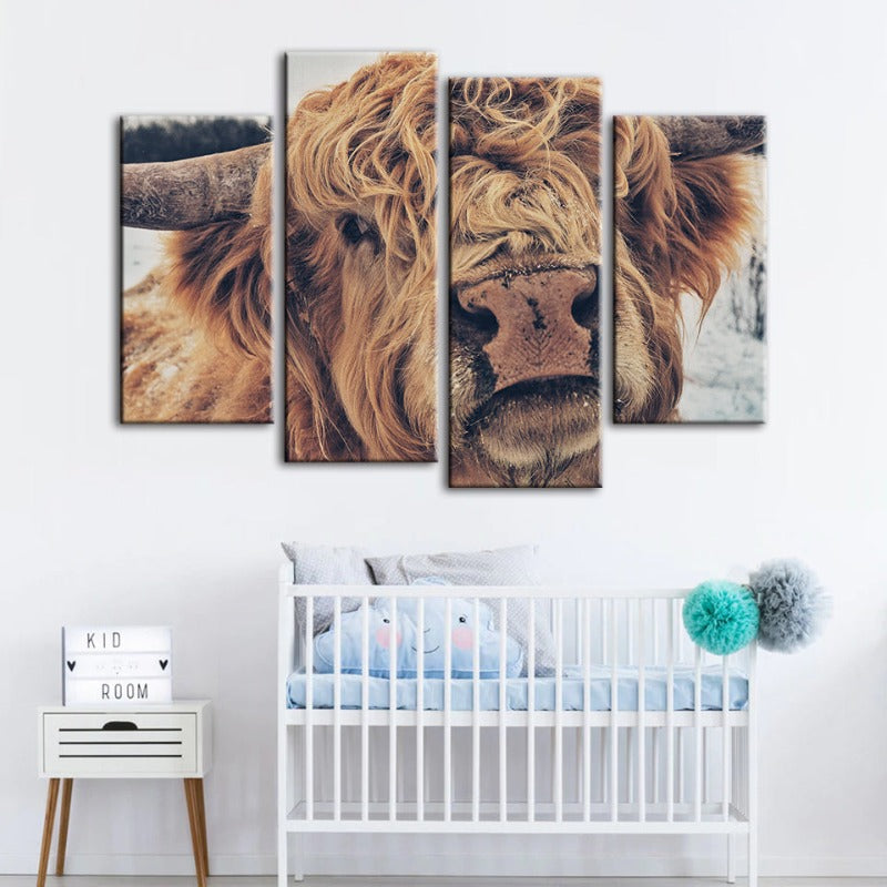 4 Piece Close Up Brown Cow - Canvas Wall Art Painting | Skanto