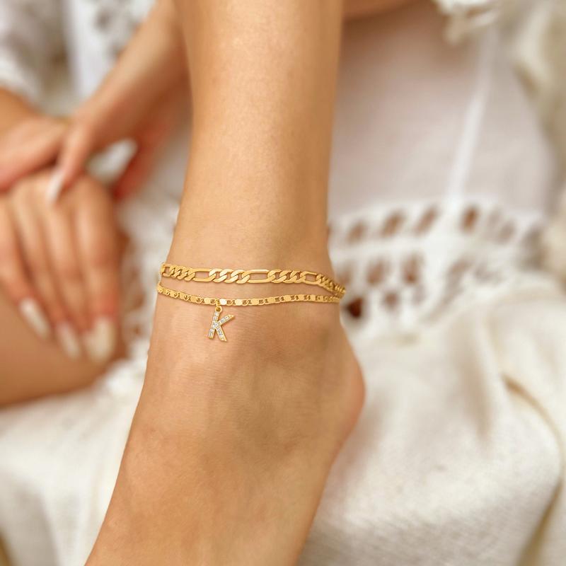 Skanto | 2pc 14k Diamant Bokstav Initial Ankelarmbånd