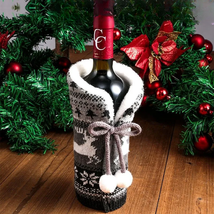 Juleflaskehette med pelskrage – festlig hette for vinflasker, nisse dekorasjon til jul, perfekt som gaveinnpakning | Skanto