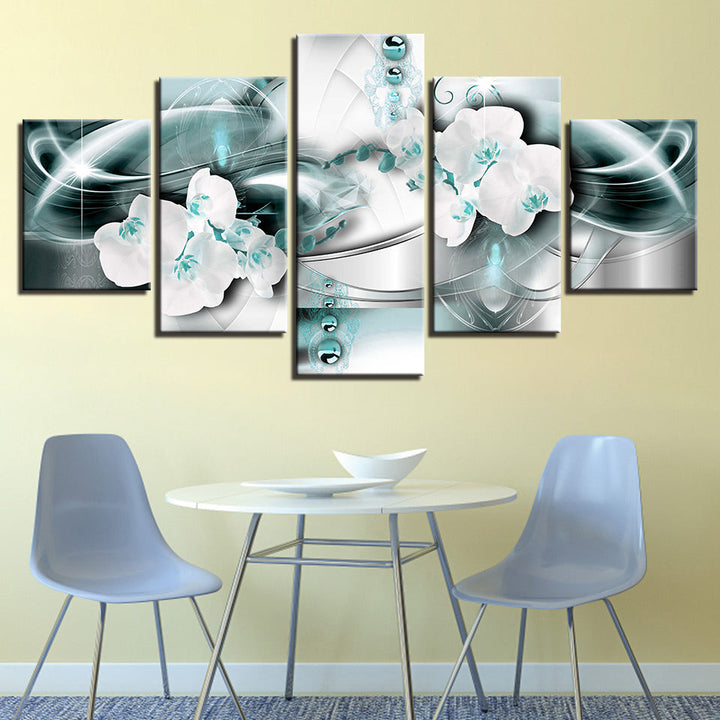 Viridian grønne og hvite orkideer, 5-delt lerretsbilde