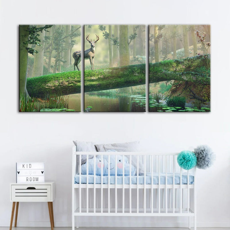 Fortryllende Skog Hjort-Canvas Veggkunst Maleri 3 Deler