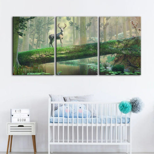 Fortryllende Skog Hjort-Canvas Veggkunst Maleri 3 Deler