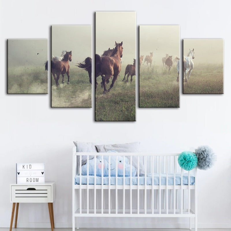 5 Styk Løpende Svart Hingst - Lerret Veggkunst Maleri | Skanto