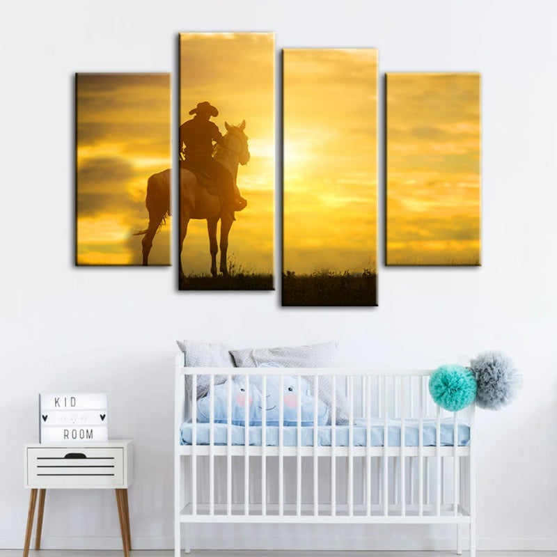 A Cowboy and His Horse - Canvas Wall Art Painting 4 Pieces | Skanto