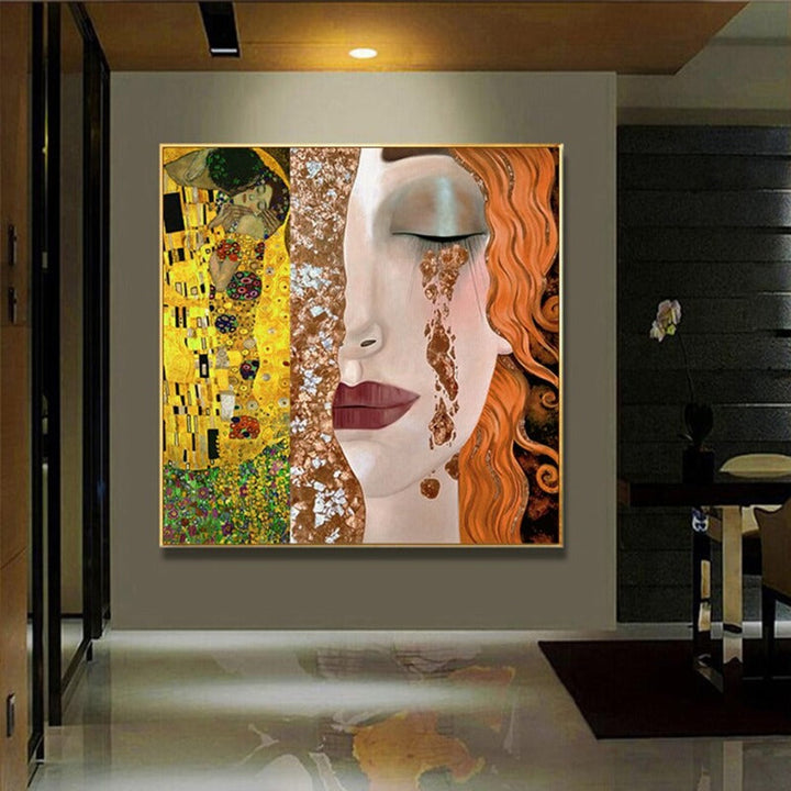 Gustav Klimt Gyldne tårer og kyss jente - Lerret veggkunst maleri