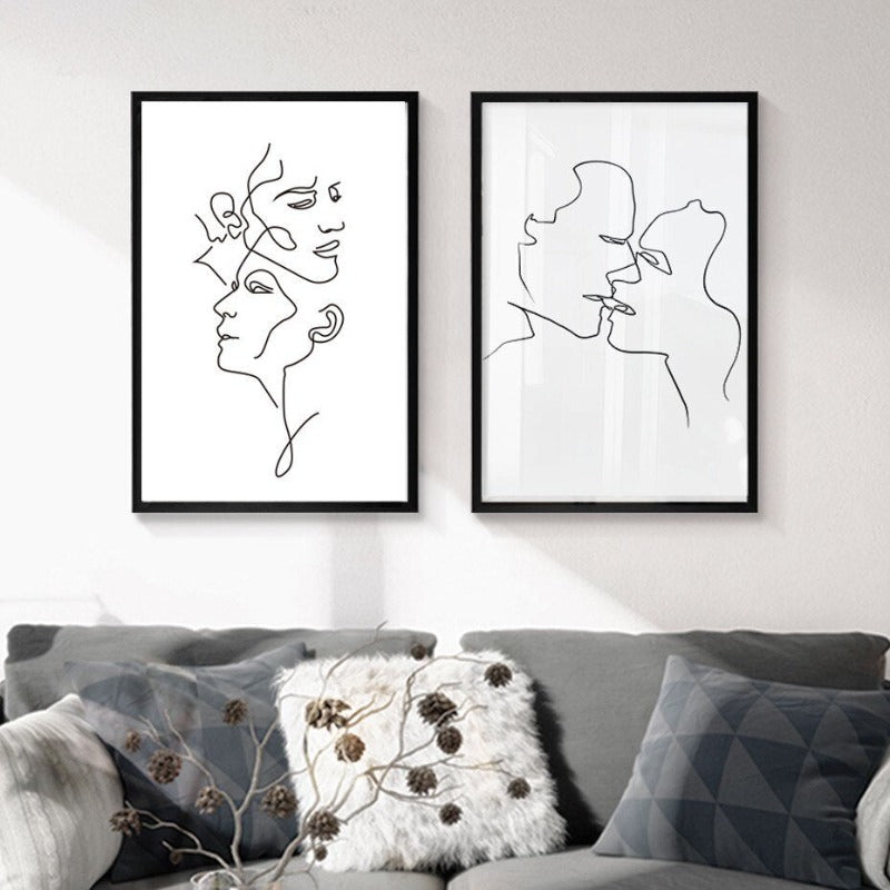 Abstract Love Kiss Black and White Lines Poster - Canvas Wall Art Painting | Skanto