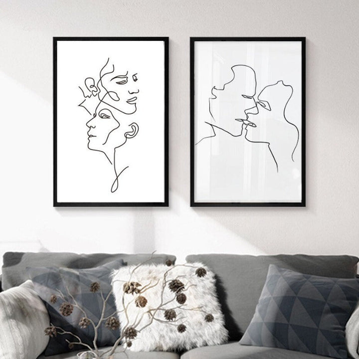 Abstract Love Kiss Black and White Lines Poster - Canvas Wall Art Painting | Skanto